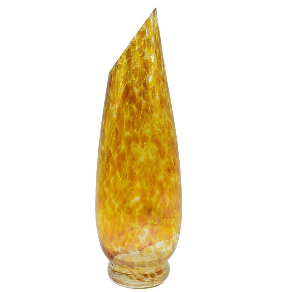 Tim Lazer Slash Art Glass‎ Vase Gold Amber Studio Signed Slant Flower Floral Mod